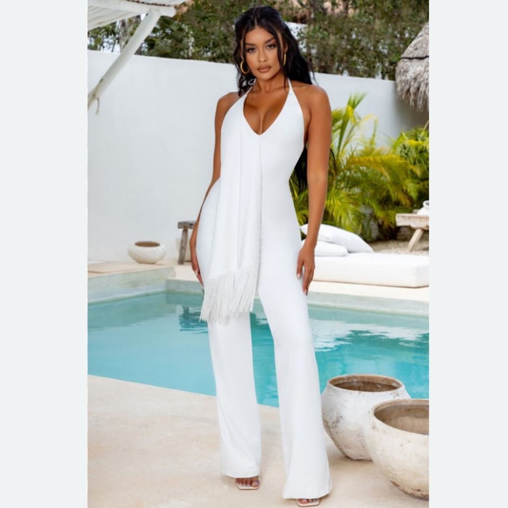 Club London Unforgettable White Jumpsuit With Tassel Drape Detail